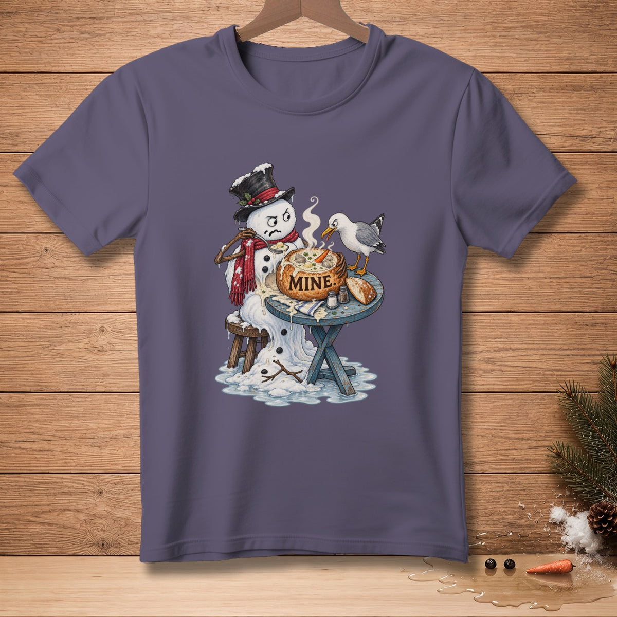 Snowman in a top hat and scarf eating soup, with a bird trying to steal it.