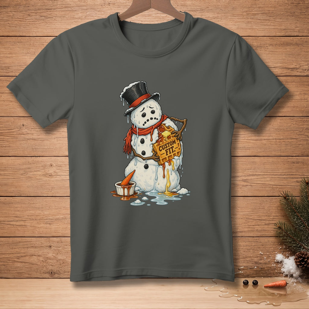 Melting snowman holding a waffle with "CUSTOM FIT." text.