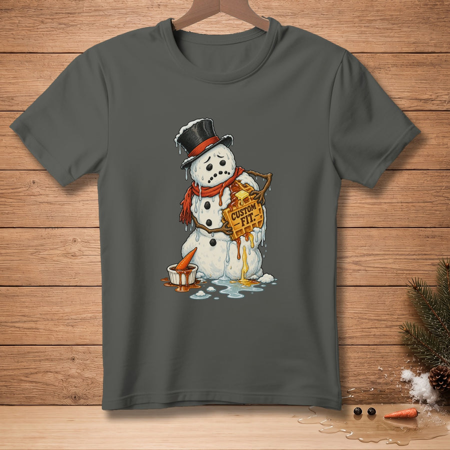 Melting snowman holding a waffle with "CUSTOM FIT." text.