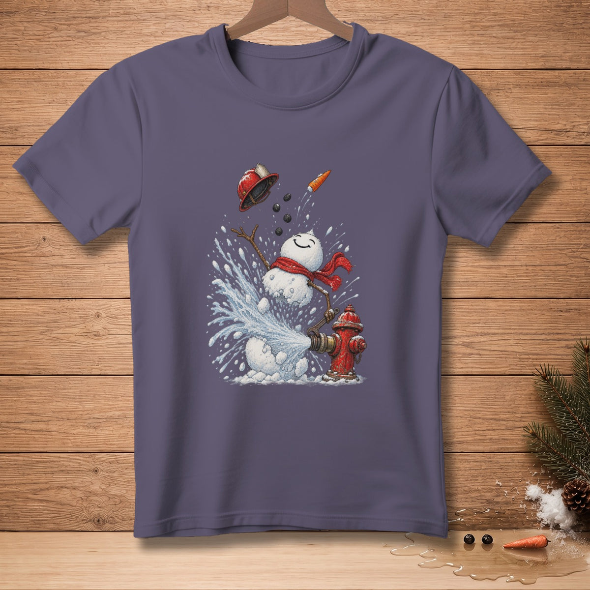 Snowman with red scarf sprays water from fire hydrant, wearing firefighter helmet.