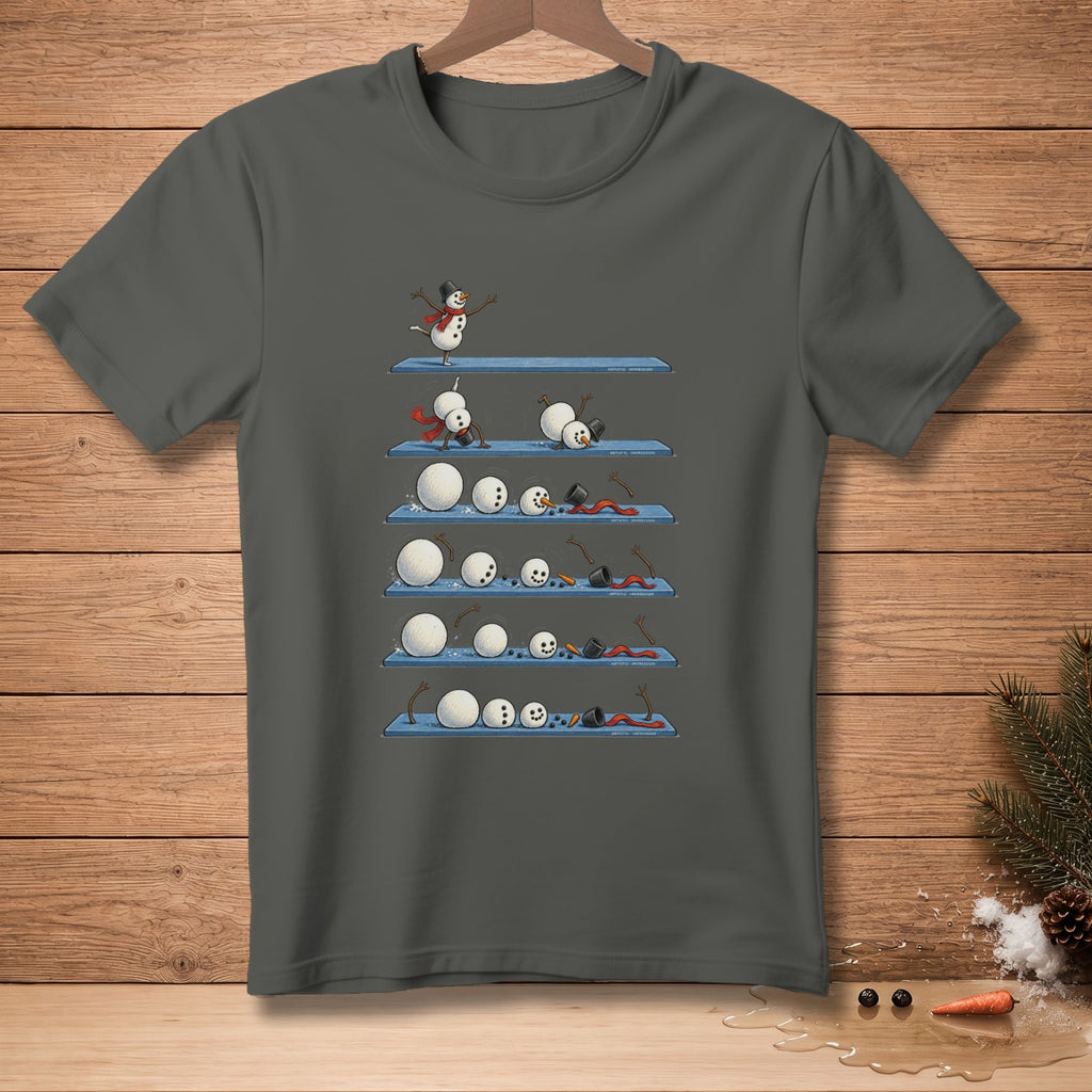 Snowmen in various stages of formation and melting, one doing a handstand.
