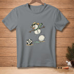 Snowman in straw hat playing soccer with a ball that says "Nice Kick".