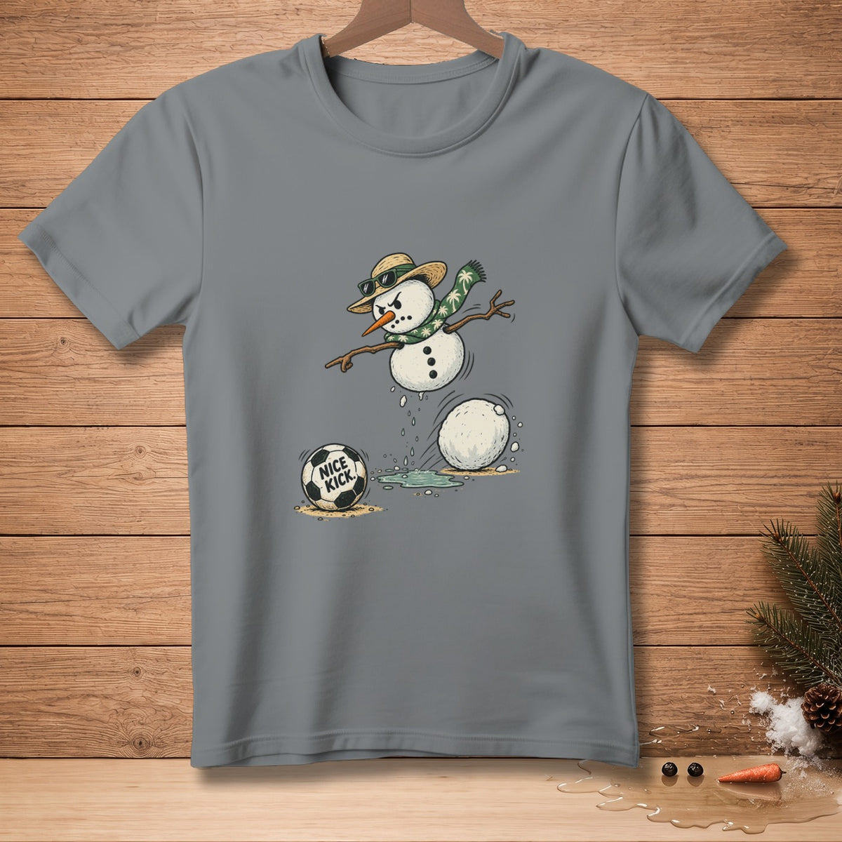 Snowman in straw hat playing soccer with a ball that says "Nice Kick".