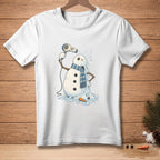 White t-shirt with a melting snowman using a hairdryer that says "Almost Dry".