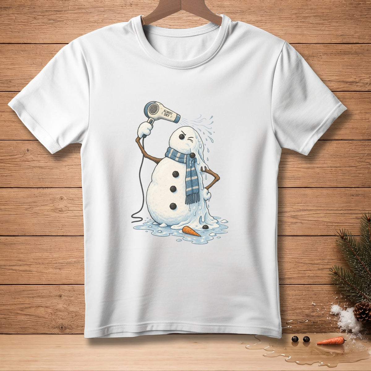 White t-shirt with a melting snowman using a hairdryer that says "Almost Dry".