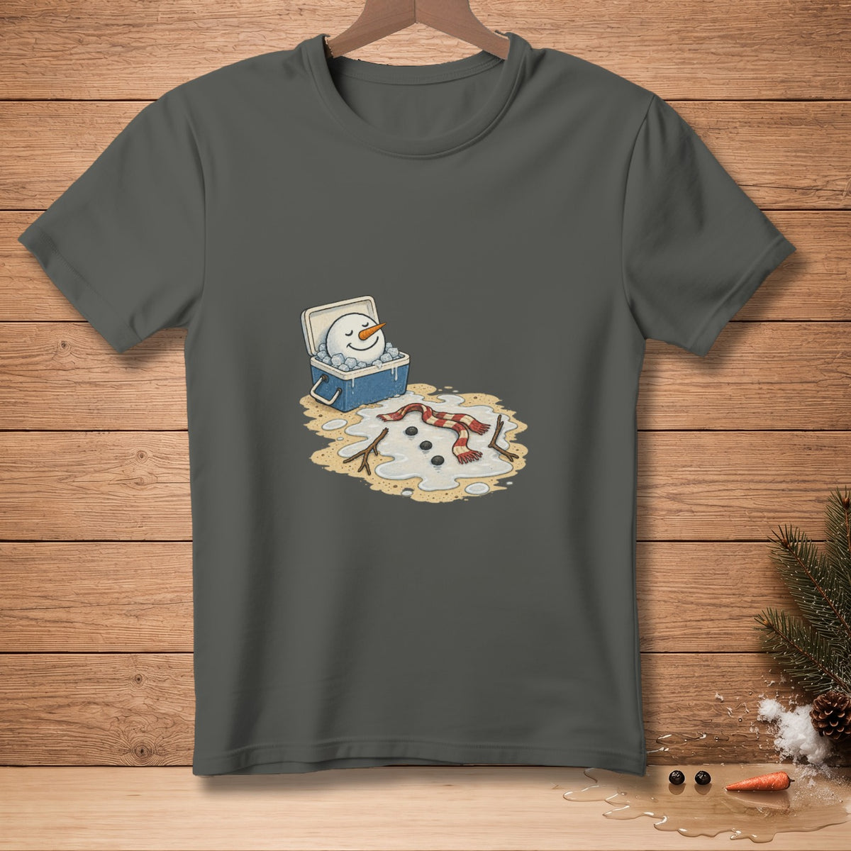 Cartoon snowman head in cooler melting beside puddle with scarf and buttons.
