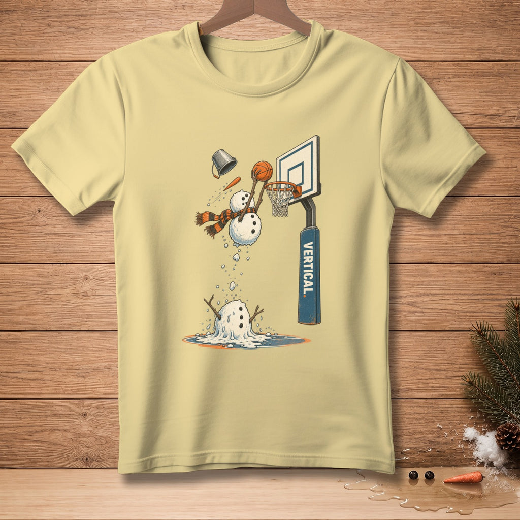 Melting snowman playing basketball, dribbling, and dunking with "VERTICAL." on the pole.