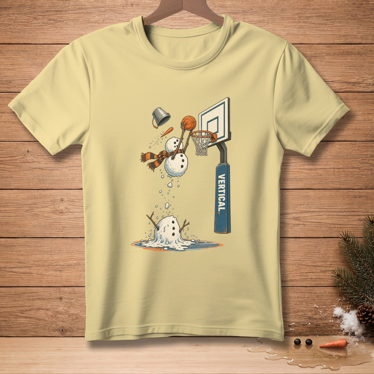 Melting snowman playing basketball, dribbling, and dunking with "VERTICAL." on the pole.