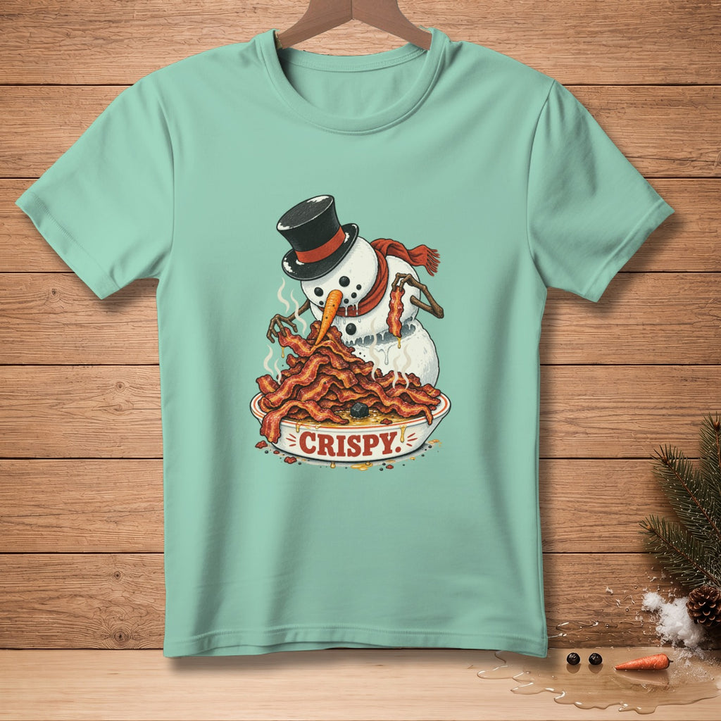 Snowman wearing a top hat and scarf eating a pile of bacon from a bowl labeled "CRISPY".