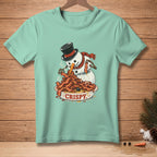 Snowman wearing a top hat and scarf eating a pile of bacon from a bowl labeled "CRISPY".