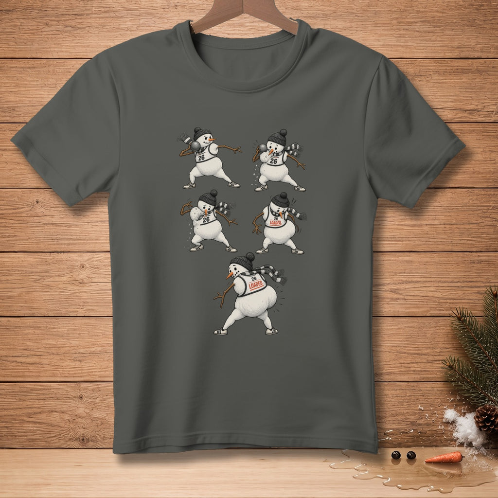 Dark gray t-shirt with multiple snowmen in athletic poses, some with "26" and "loaded" on their bibs.