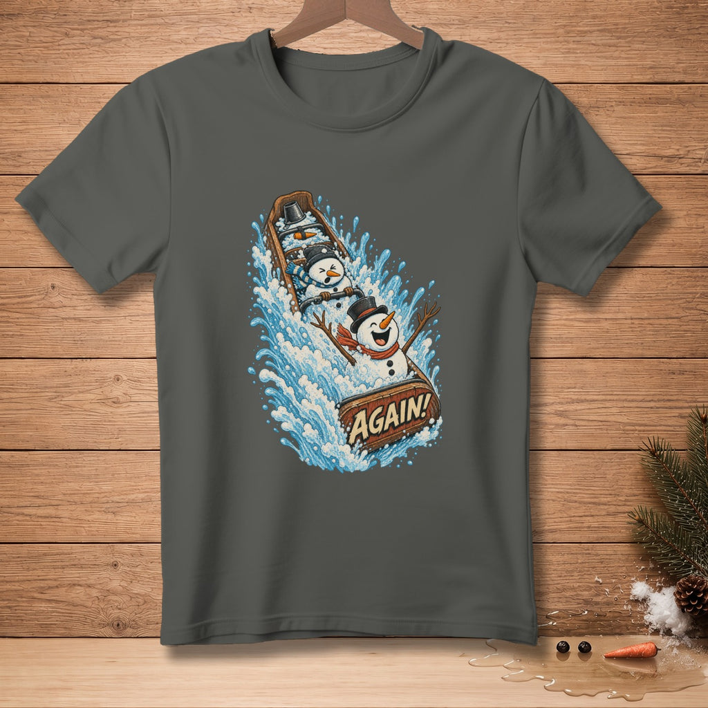 Gray t-shirt with snowmen on a wooden raft going through water, text reads "AGAIN!".