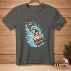 Gray t-shirt with snowmen on a wooden raft going through water, text reads "AGAIN!".