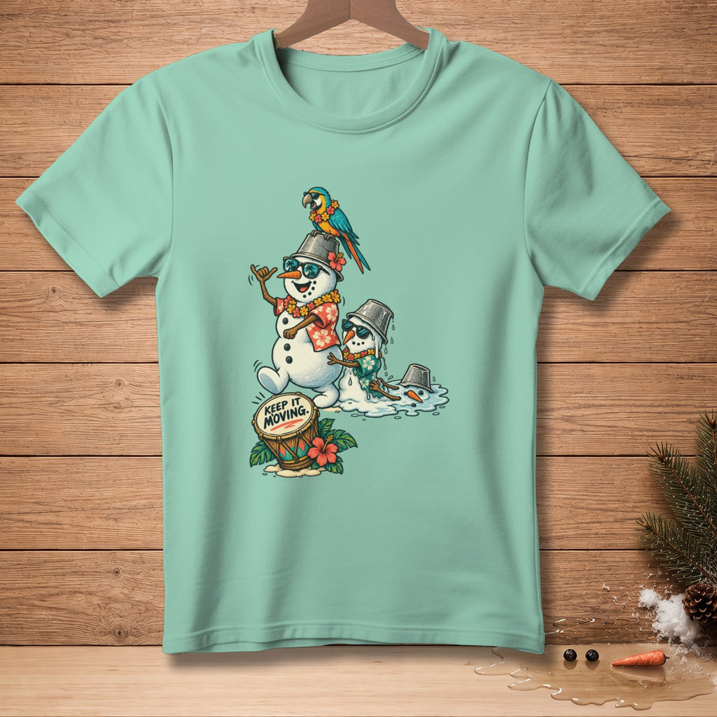 Two melting snowmen wearing Hawaiian shirts and buckets, with a parrot on one's head.