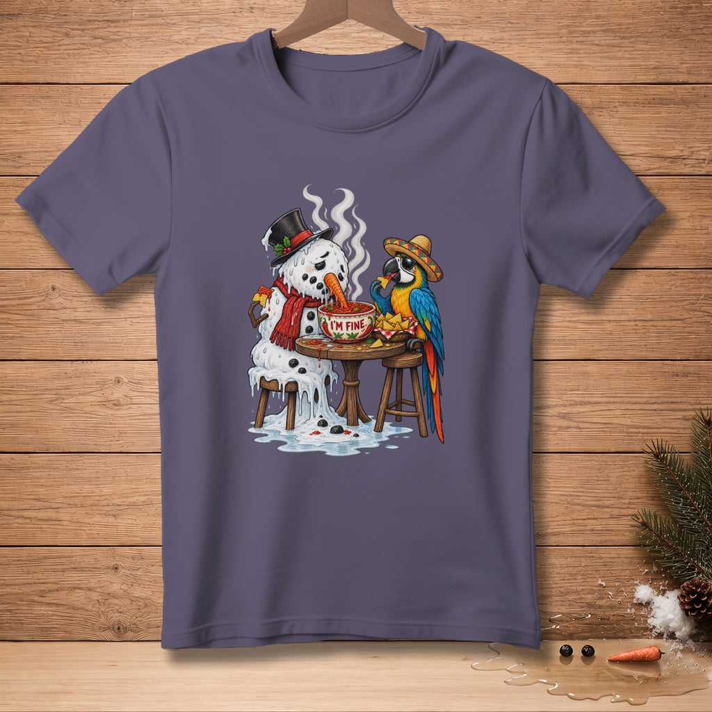 Melting snowman in a hat and scarf eats chips with a parrot wearing a sombrero.