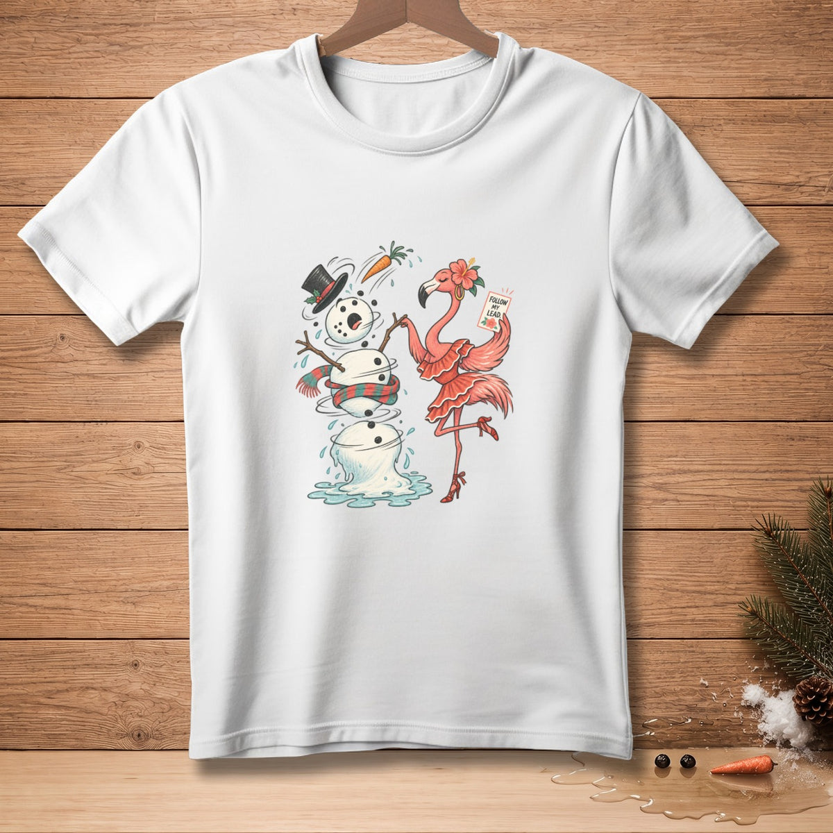 Flamingo dancing with a melting snowman holding a "Follow My Lead" sign.