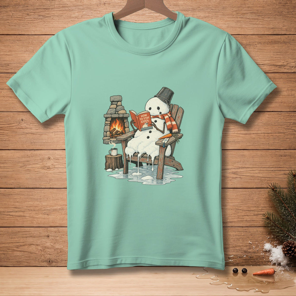 Melting snowman in Adirondack chair reads "How to Stay Cool" book by fireplace.