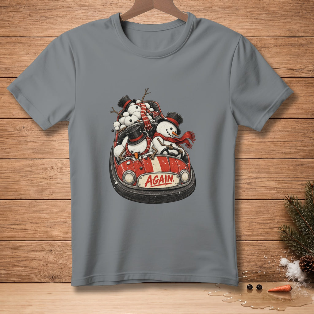 Snowmen wearing hats and scarves ride in a red bumper car with the word "AGAIN" on it.