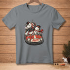Snowmen wearing hats and scarves ride in a red bumper car with the word "AGAIN" on it.