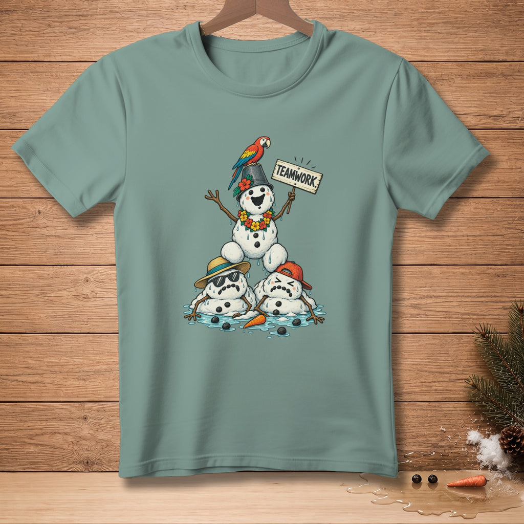 Cartoon snowmen melting in puddles with a parrot on one and a "TEAMWORK" sign.