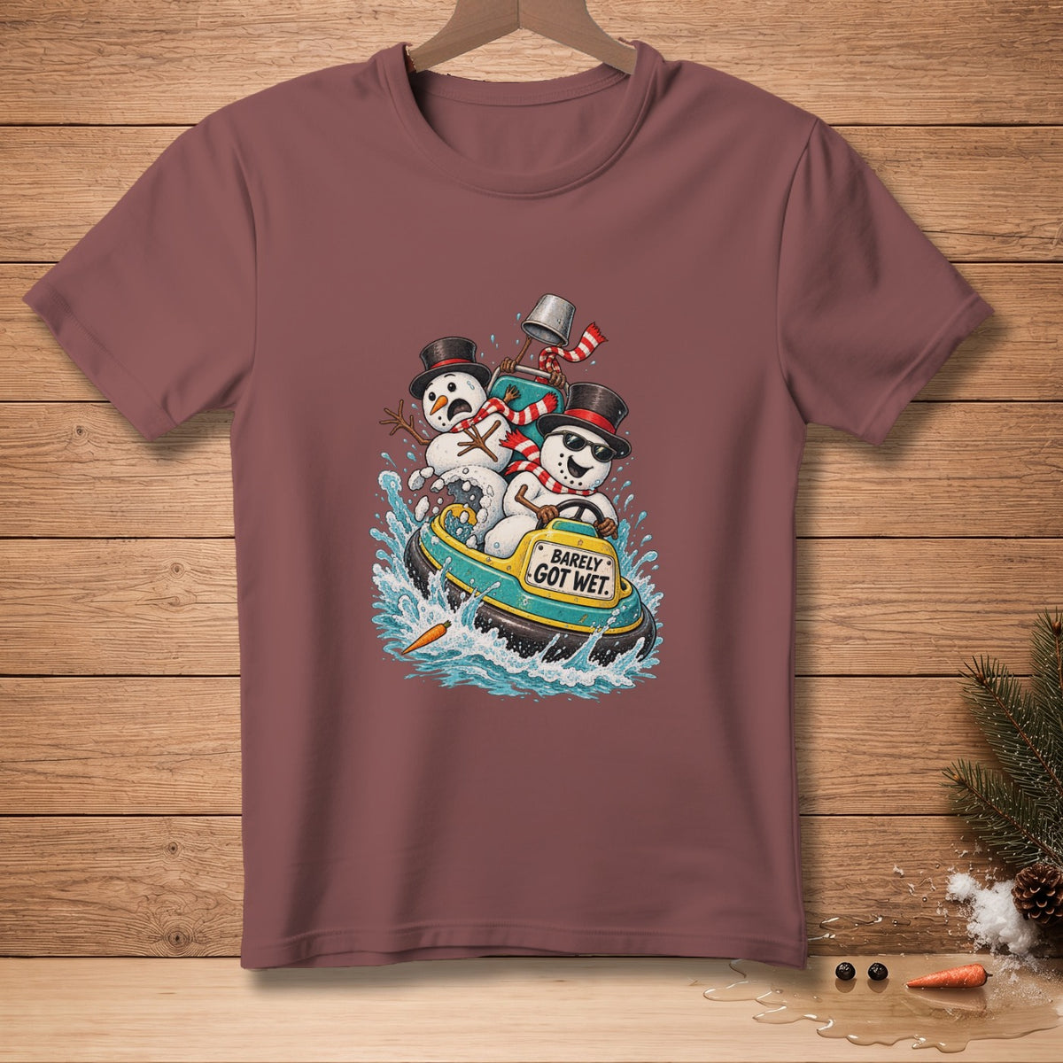 Snowmen in a tube with text "Barely Got Wet" splash through water.