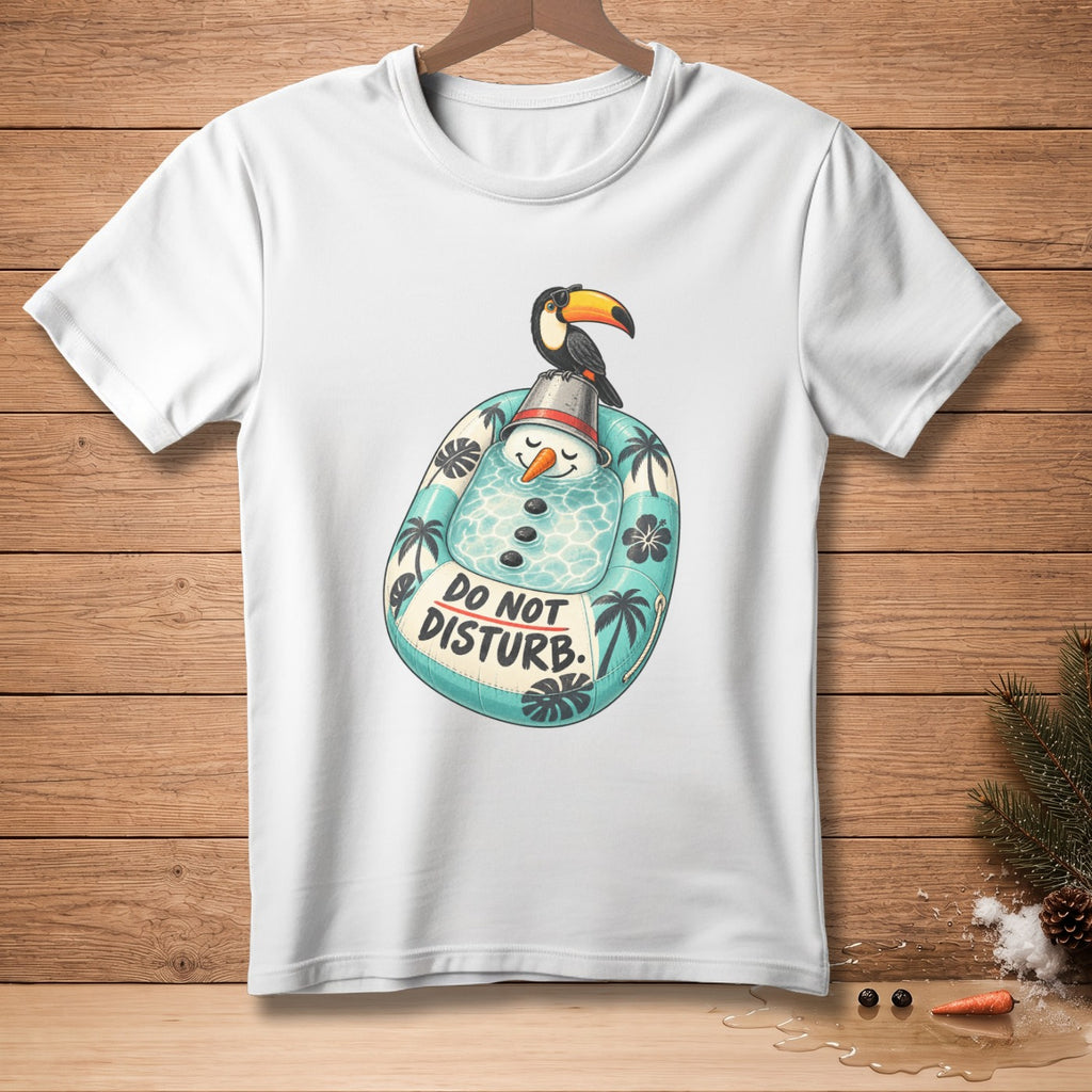 White t-shirt with a cartoon snowman in a tropical float, saying "Do Not Disturb."