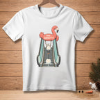 White t-shirt featuring a pink flamingo holding a melting snowman on an escalator.