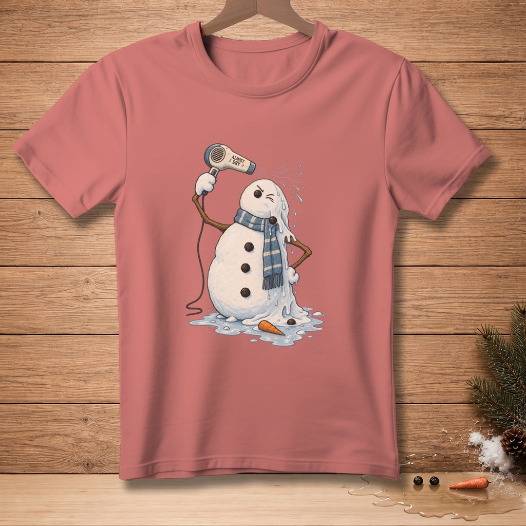 Melting snowman with a scarf and hairdryer, text "ALMOST DRY".