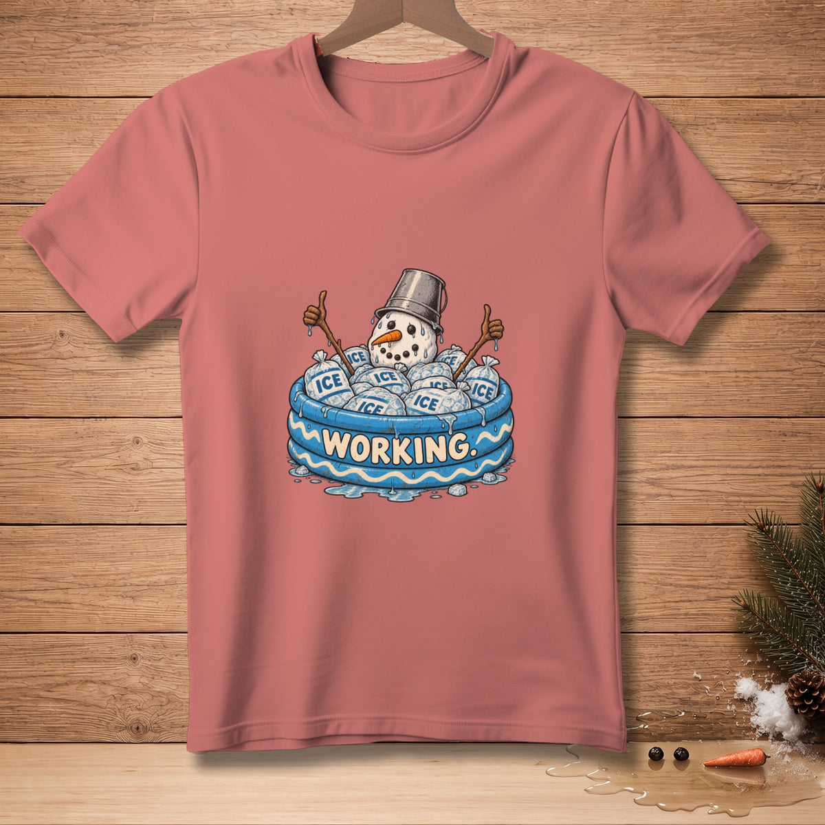 Snowman in a kiddie pool filled with ice bags with the word "WORKING."