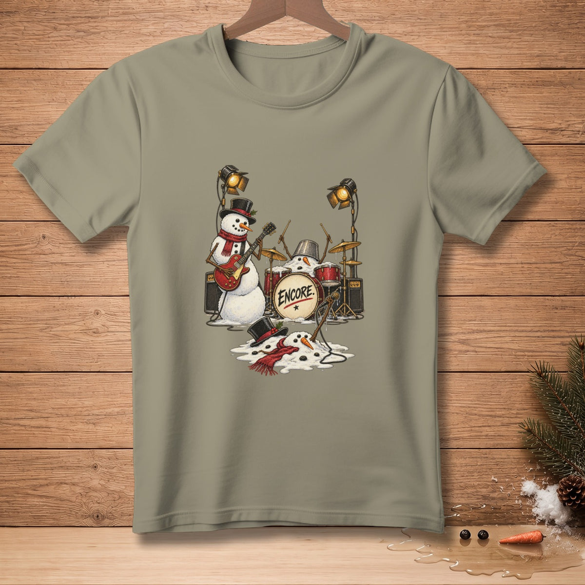 Snowmen playing music on stage with "Encore" on the bass drum.