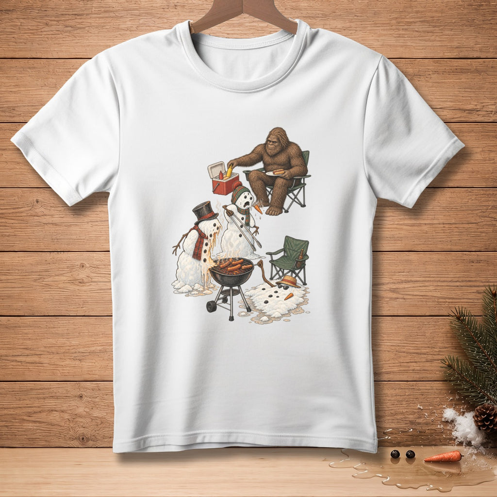 Bigfoot grilling hot dogs with melting snowmen and camping chairs.