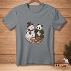 A melting snowman and panda have a picnic with cheese and wine.