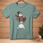 Snowman in top hat and scarf playing accordion with "Feel the Music" text.