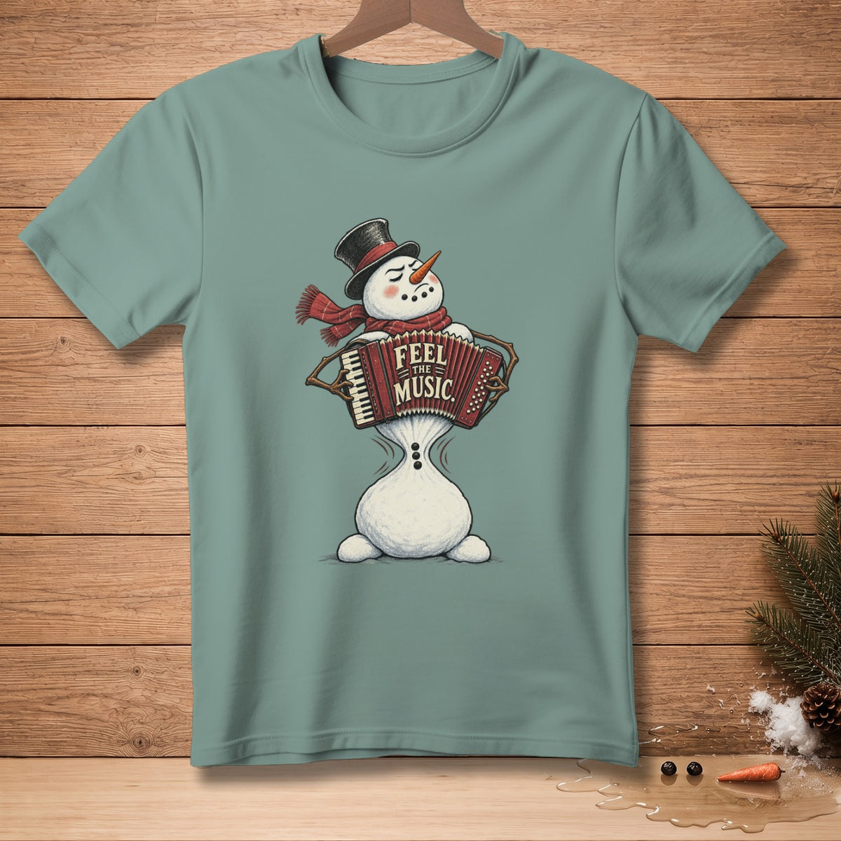 Snowman in top hat and scarf playing accordion with "Feel the Music" text.