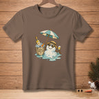 Snowman in sunglasses with a straw hat and umbrella, holding wine.