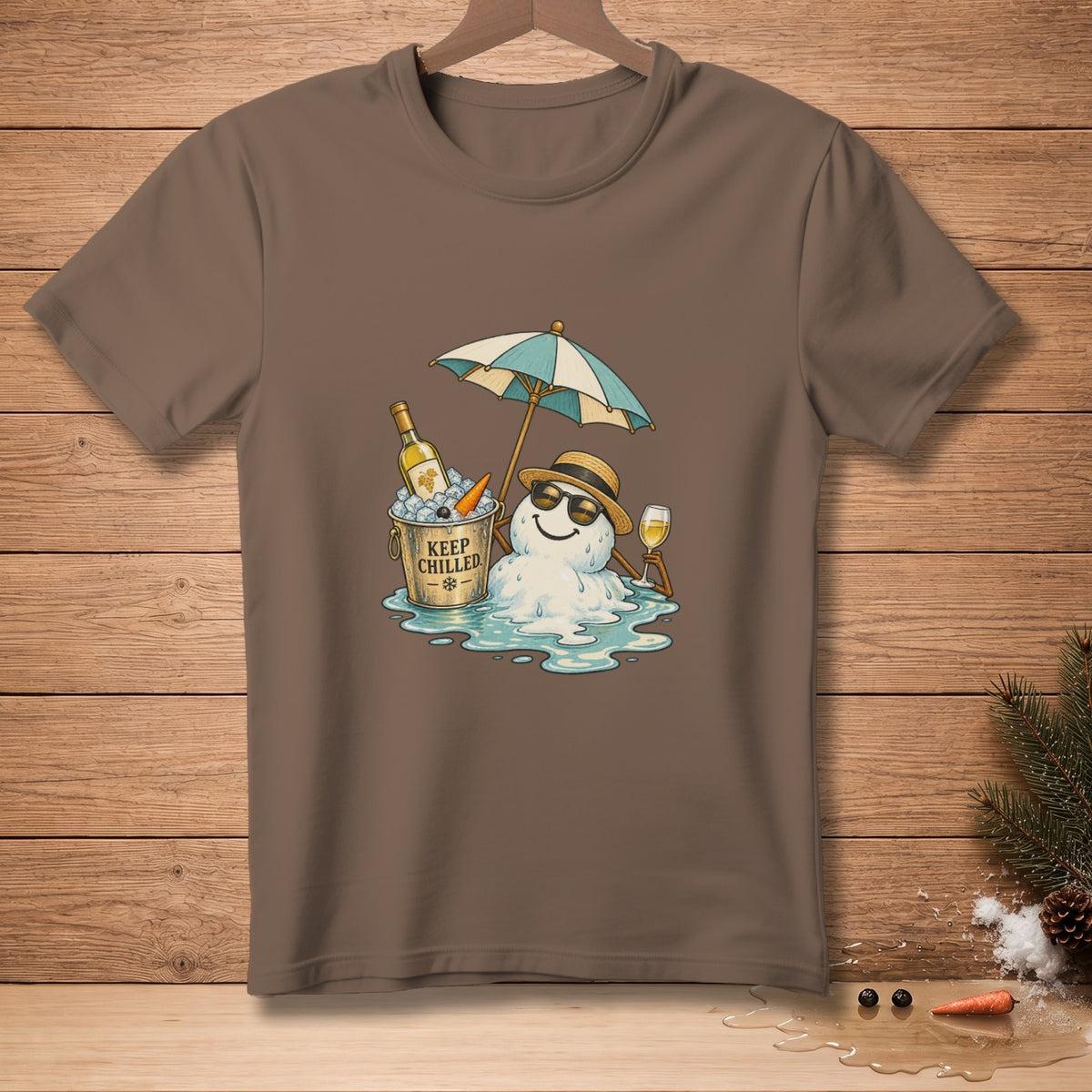 Snowman in sunglasses with a straw hat and umbrella, holding wine.