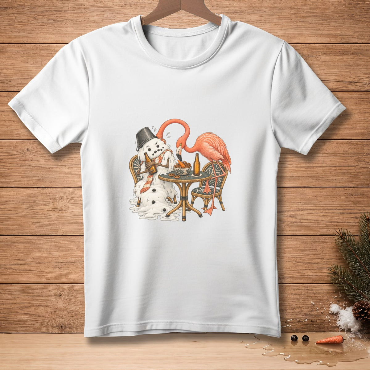 Melting snowman with bucket hat and scarf drinking beer with flamingo.