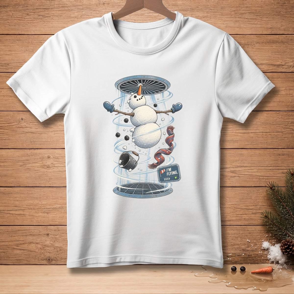 Snowman being sucked into a vent, "I'm Flying" sign visible.