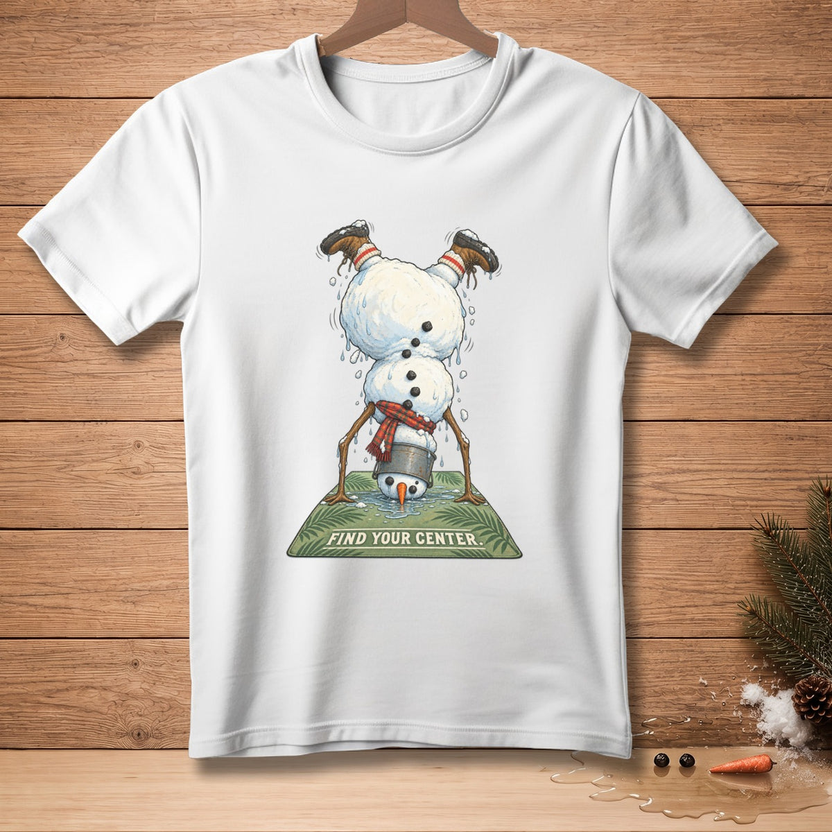 Snowman doing a handstand on a yoga mat with text "FIND YOUR CENTER."