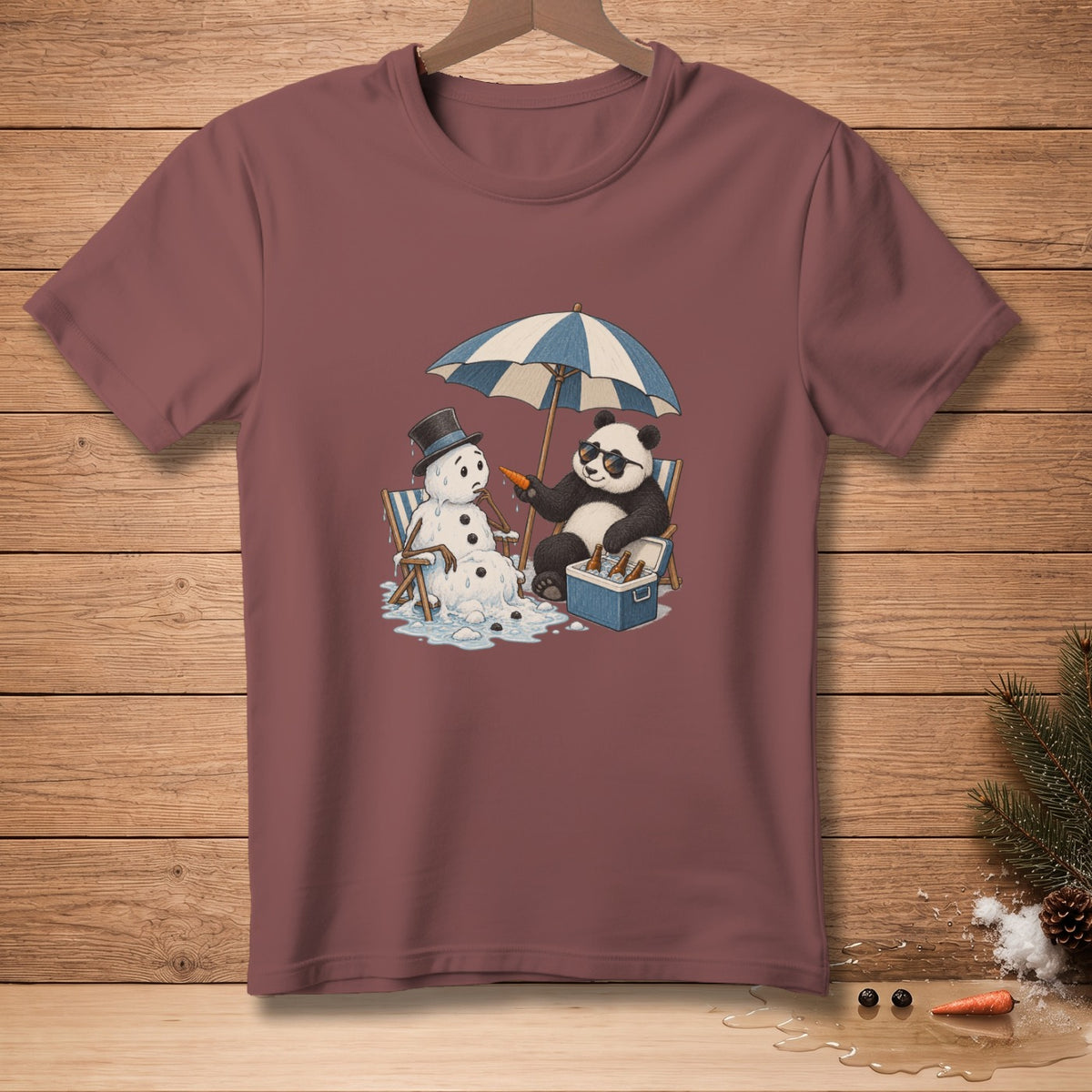 Panda offering carrot to melting snowman under umbrella.