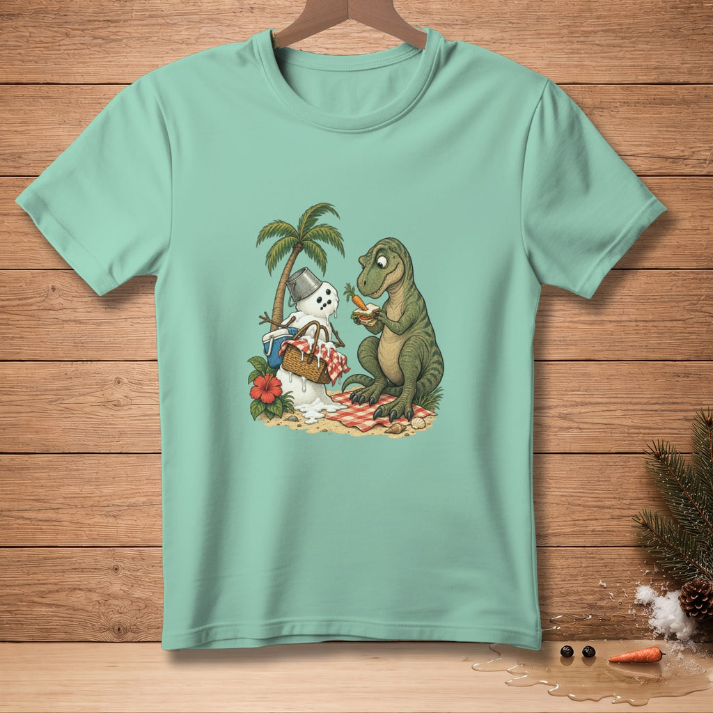 T-shirt with a cartoon T-Rex sharing a carrot with a melting snowman on a beach.
