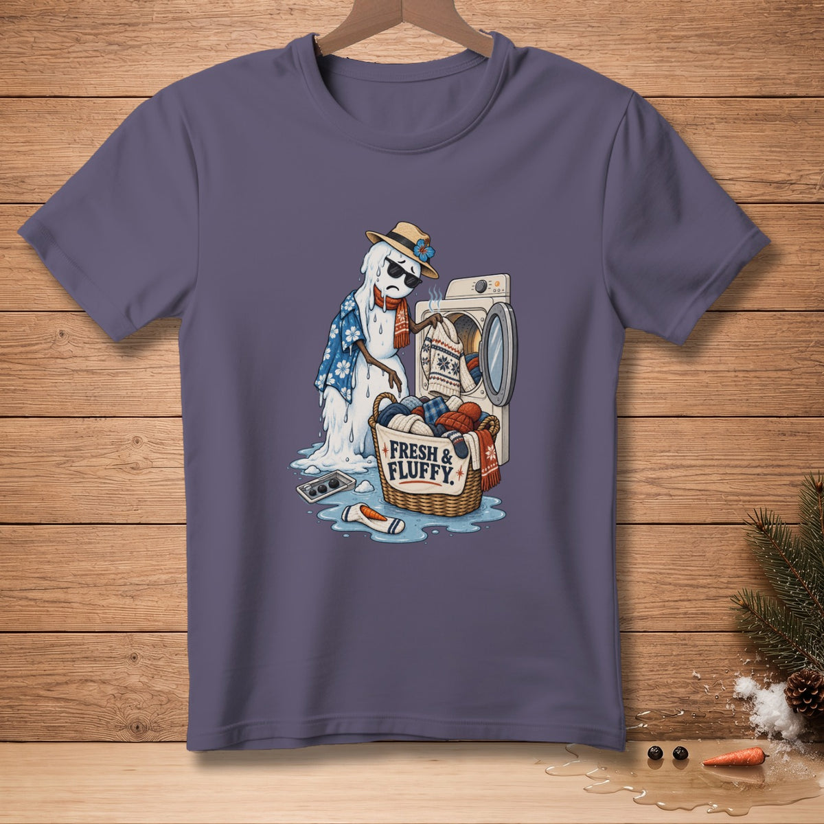 Melting snowman with sunglasses and Hawaiian shirt by washing machine, basket of laundry.