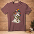 Melting snowman with a parrot on a bucket hat holding a martini glass with olives.