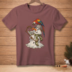 Melting snowman with a parrot on a bucket hat holding a martini glass with olives.