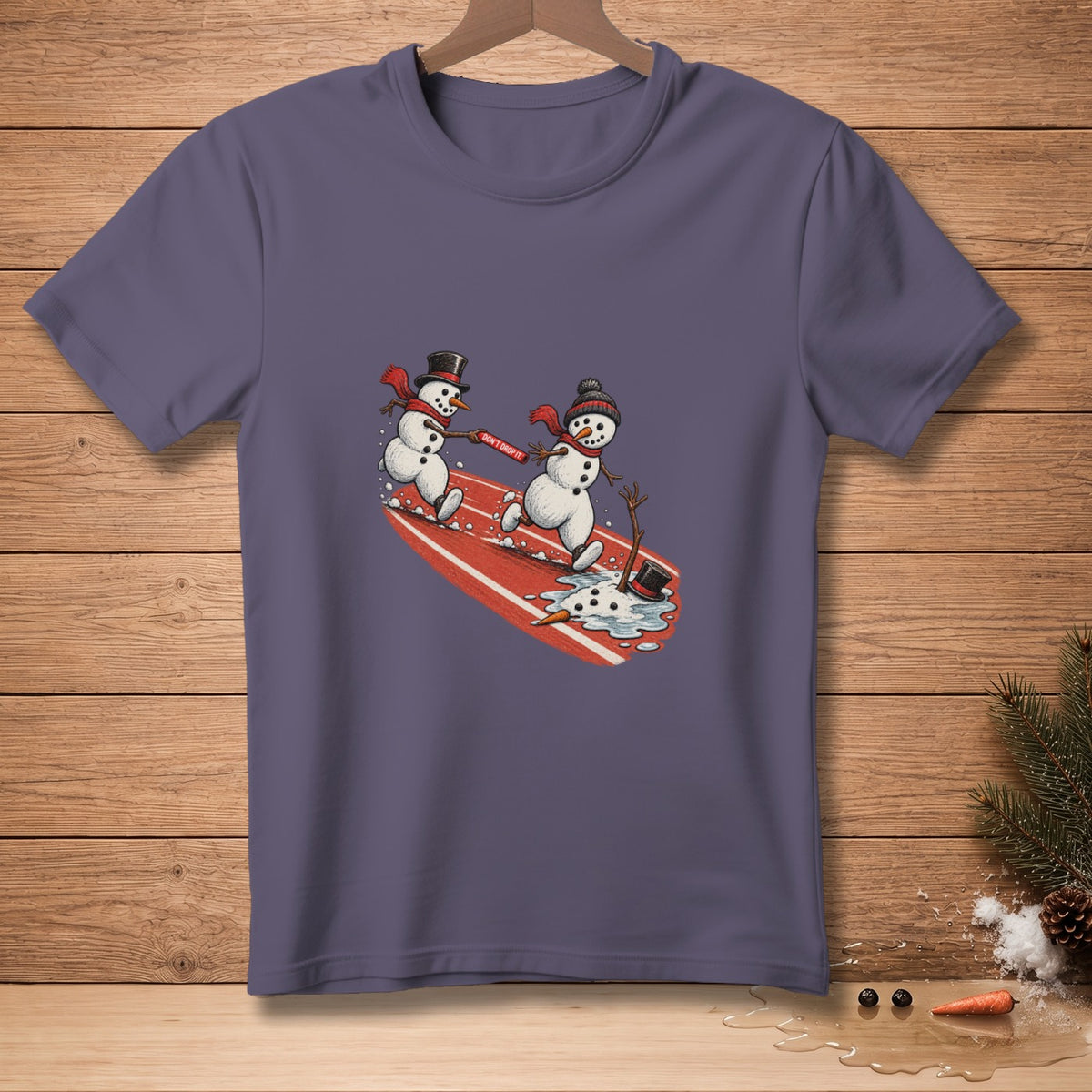 Two snowmen on a red surface with text "DON'T DROP IT".