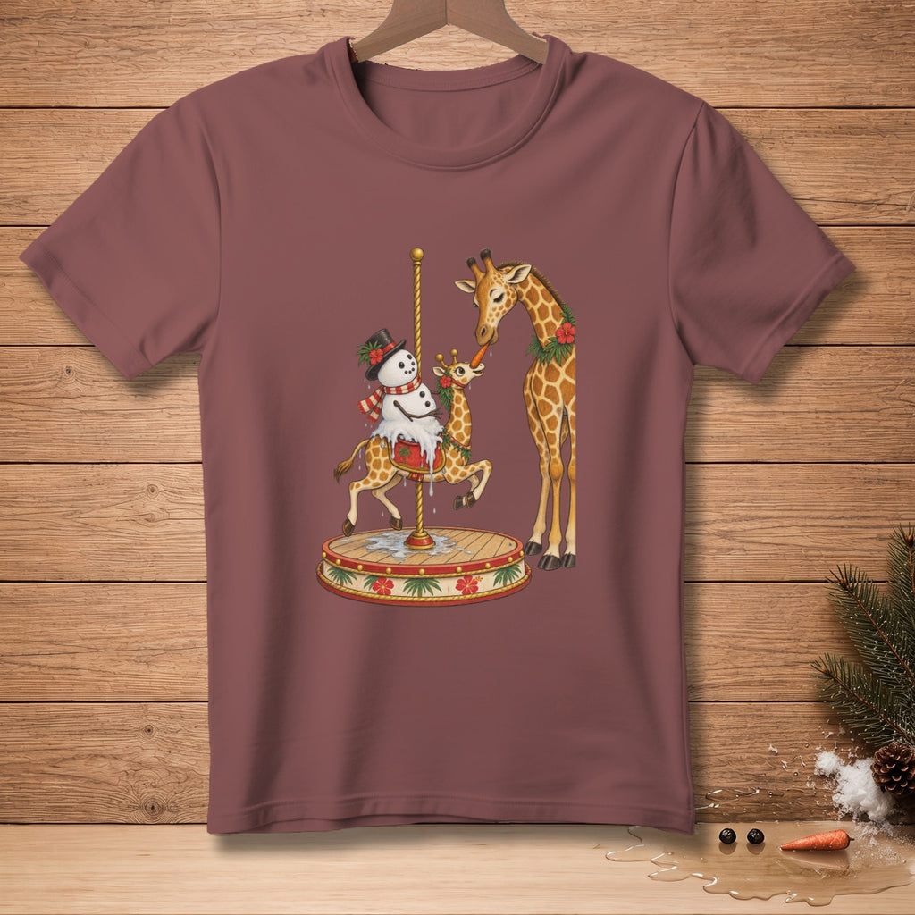 Giraffes and snowman on a festive carousel with holiday decorations.