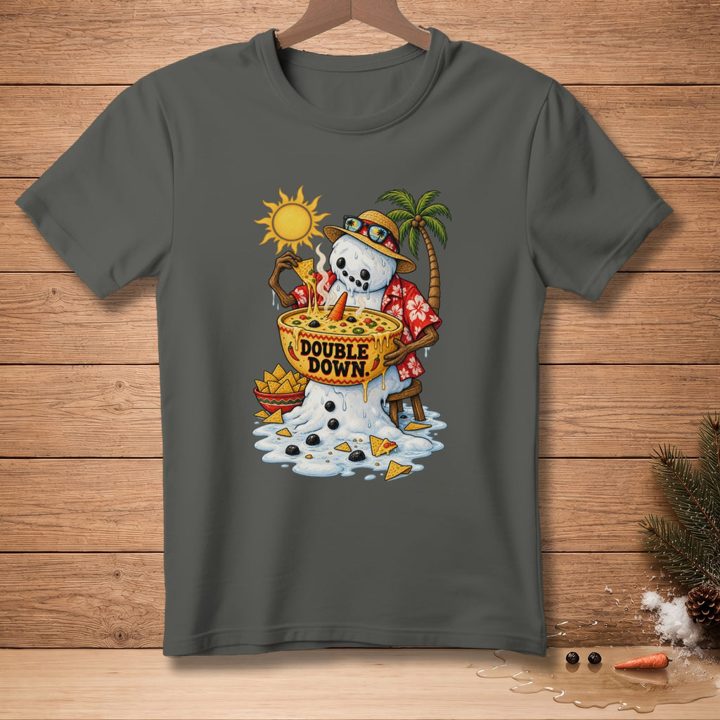 Melting snowman in Hawaiian shirt with nacho cheese bowl and "Double Down" text.