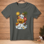 Melting snowman in Hawaiian shirt with nacho cheese bowl and "Double Down" text.