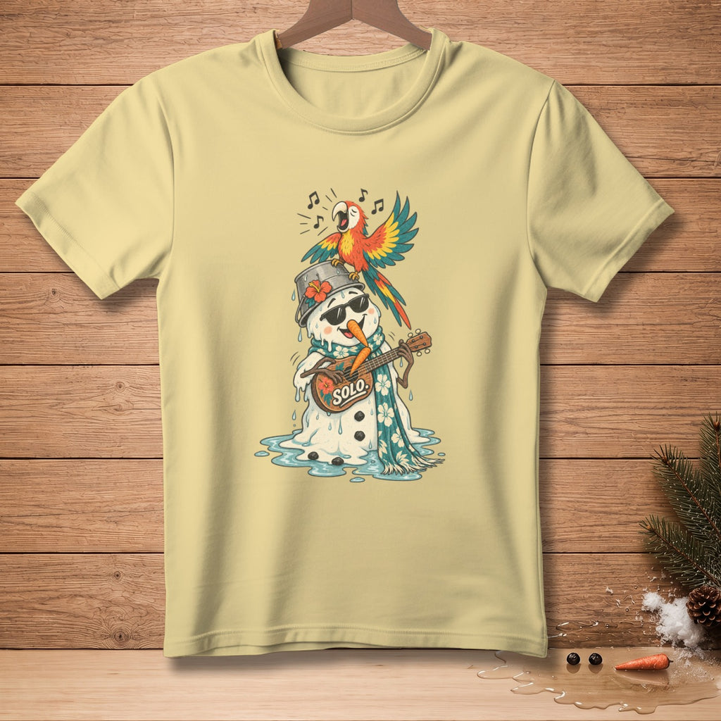 Snowman playing guitar with parrot on bucket hat, text "SOLO".