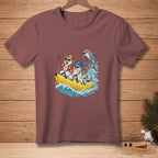 Snowmen in Hawaiian shirts and sunglasses ride a banana boat with a dolphin.